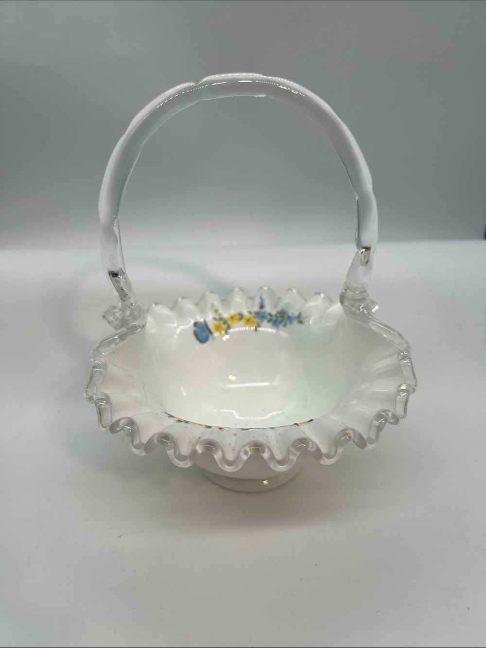 Vintage Fenton White Glass Ruffled Basket signed art glass hand painted